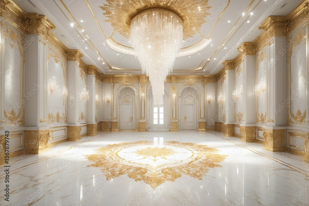 Rich and Beautiful White and Gold Hall Adorned with Sparkling Glitter and Gorgeous Marble, Creating an Atmosphere of Luxury and Elegance