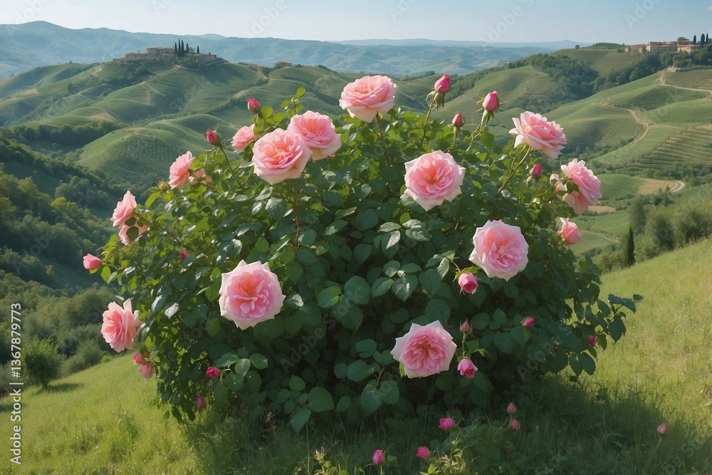 Pink Bush Blooming on Top of a Lush Green Hillside, Creating a Harmonious Pink-Green Palette