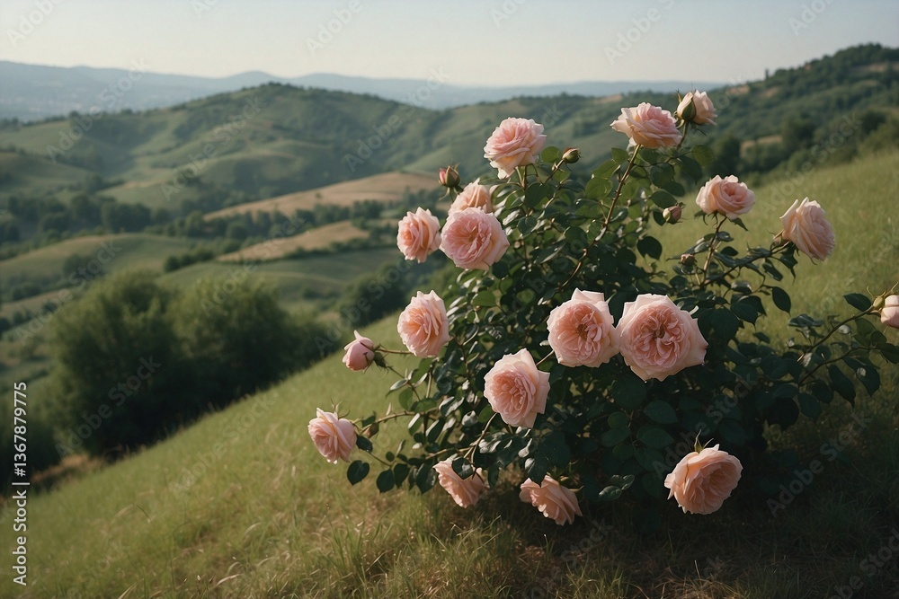Pink Bush Blooming on Top of a Lush Green Hillside, Creating a Harmonious Pink-Green Palette