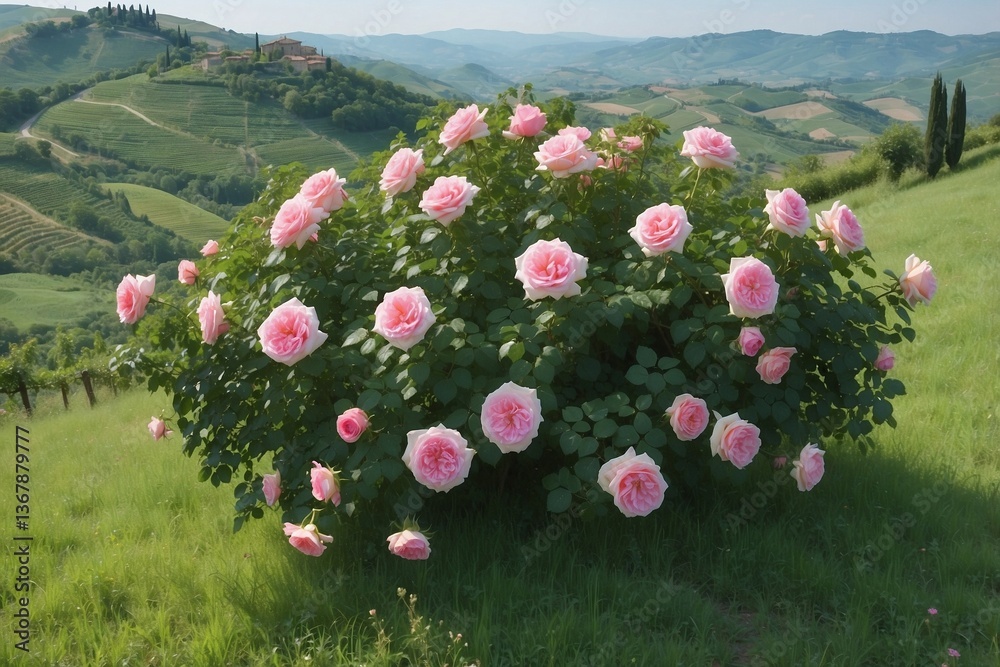 Pink Bush Blooming on Top of a Lush Green Hillside, Creating a Harmonious Pink-Green Palette