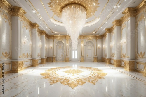Obraz na płótnie Rich and Beautiful White and Gold Hall Adorned with Sparkling Glitter and Gorgeous Marble, Creating an Atmosphere of Luxury and Elegance w salonie