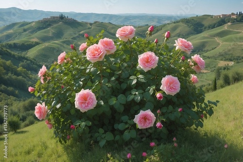 Obraz na płótnie Pink Bush Blooming on Top of a Lush Green Hillside, Creating a Harmonious Pink-Green Palette w salonie