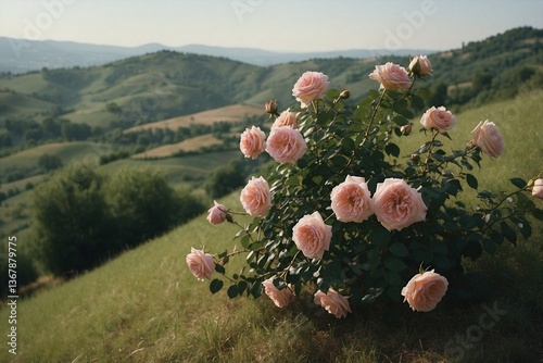 Obraz na płótnie Pink Bush Blooming on Top of a Lush Green Hillside, Creating a Harmonious Pink-Green Palette w salonie