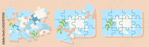 Vector blue puzzles with white dove on different stages - disassembled and assembled. Cartoon children illustration. Peace concept. 