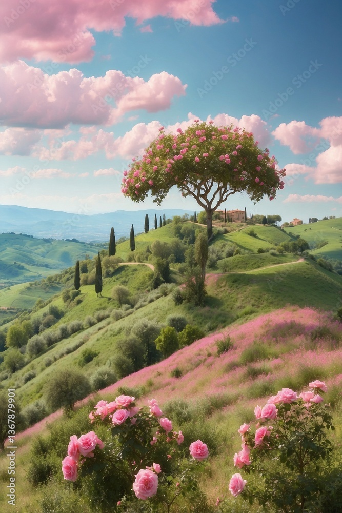 Pink Bush Blooming on Top of a Lush Green Hillside, Creating a Harmonious Pink-Green Palette
