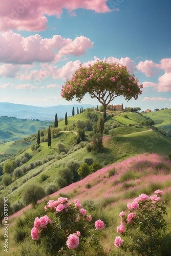 Obraz na płótnie Pink Bush Blooming on Top of a Lush Green Hillside, Creating a Harmonious Pink-Green Palette w salonie