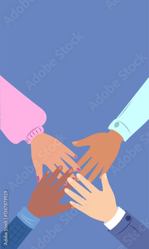 Four people showing teamwork and collaboration joining hands