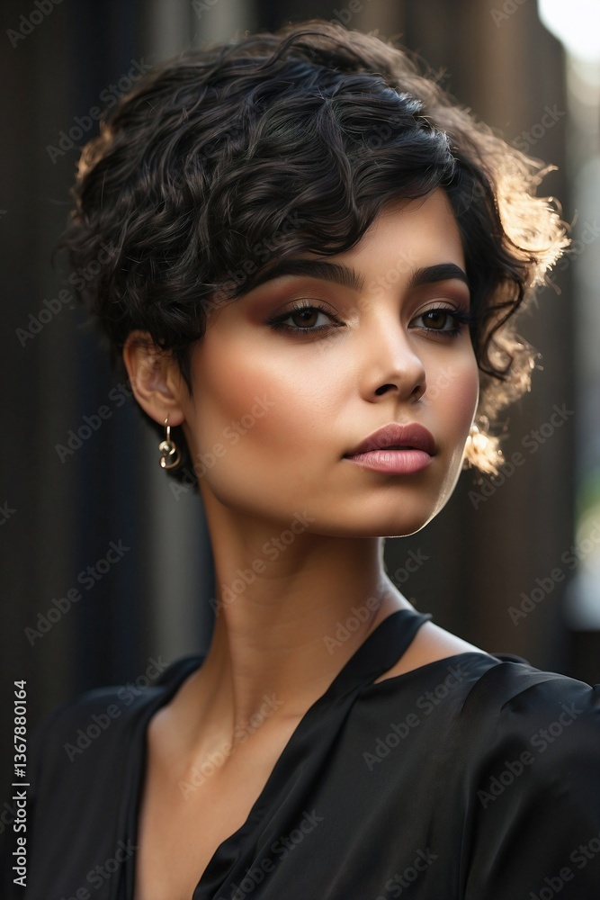 Close-up of a Woman with a Short Trendy Hairstyle in a Black Dress, Showcasing Her Beautiful Hairstyle and Clear Detail of Her Look