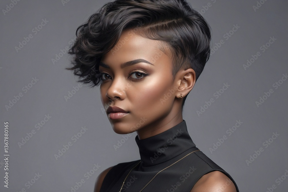 Close-up of a Woman with a Short Trendy Hairstyle in a Black Dress, Showcasing Her Beautiful Hairstyle and Clear Detail of Her Look