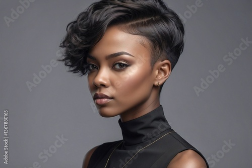 Close-up of a Woman with a Short Trendy Hairstyle in a Black Dress, Showcasing Her Beautiful Hairstyle and Clear Detail of Her Look