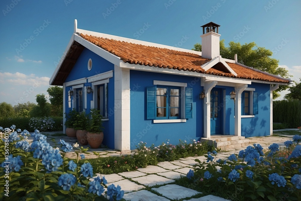 Single-Story White and Blue Cottage with Flowers in Front, Reflecting Comfort and Simplicity in a Minimalist Design
