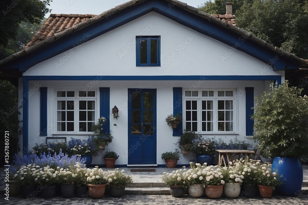 Single-Story White and Blue Cottage with Flowers in Front, Reflecting Comfort and Simplicity in a Minimalist Design