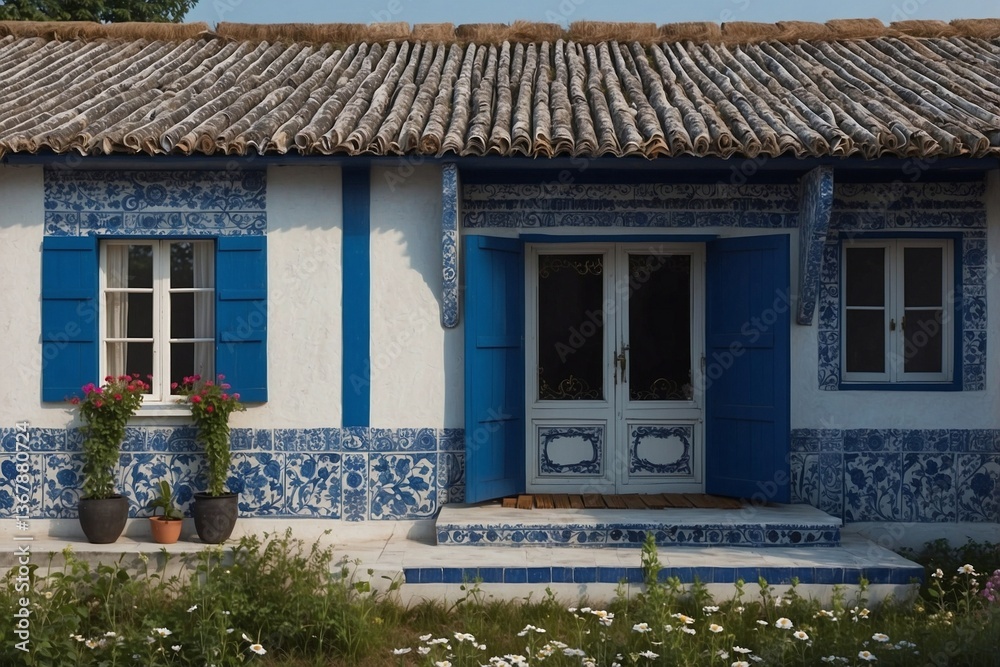 Single-Story White and Blue Cottage with Flowers in Front, Reflecting Comfort and Simplicity in a Minimalist Design