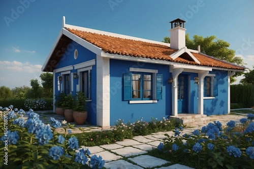 Obraz na płótnie Single-Story White and Blue Cottage with Flowers in Front, Reflecting Comfort and Simplicity in a Minimalist Design w salonie