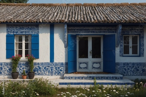 Obraz na płótnie Single-Story White and Blue Cottage with Flowers in Front, Reflecting Comfort and Simplicity in a Minimalist Design w salonie