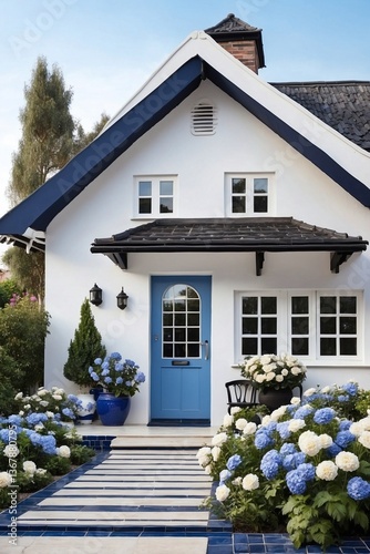 Obraz na płótnie Single-Story White and Blue Cottage with Flowers in Front, Reflecting Comfort and Simplicity in a Minimalist Design w salonie