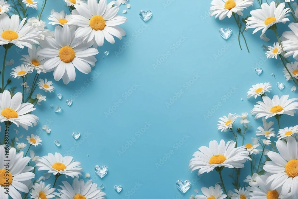 Soft Blue Background Adorned with White Daisies and Hearts, Creating a Turquoise Aesthetic and a Calm Atmosphere