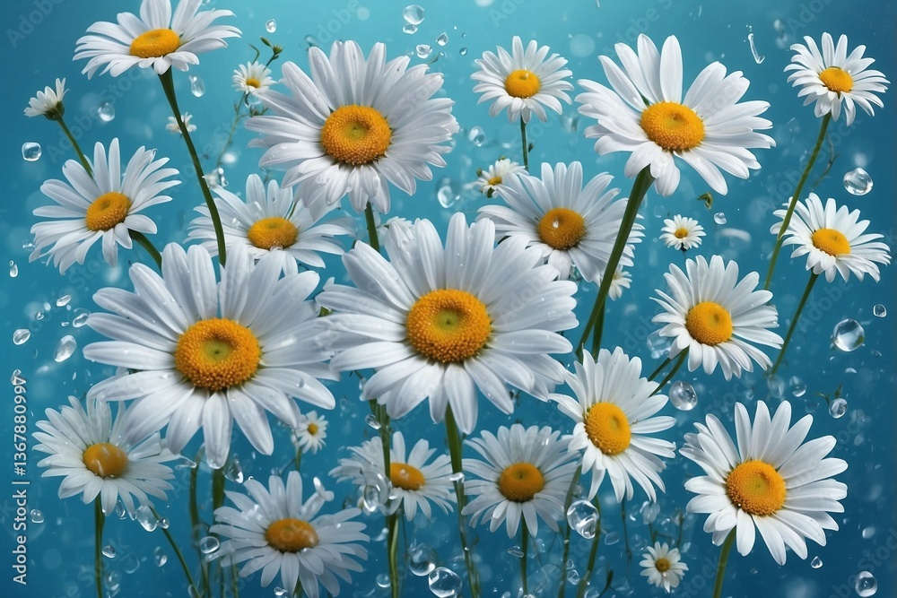Soft Blue Background Adorned with White Daisies and Hearts, Creating a Turquoise Aesthetic and a Calm Atmosphere