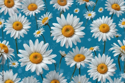Obraz na płótnie Soft Blue Background Adorned with White Daisies and Hearts, Creating a Turquoise Aesthetic and a Calm Atmosphere w salonie