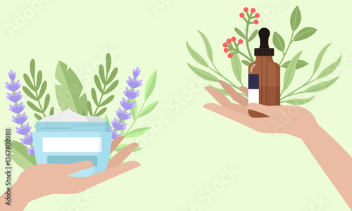 Hands holding natural cosmetic products with herbs and flowers