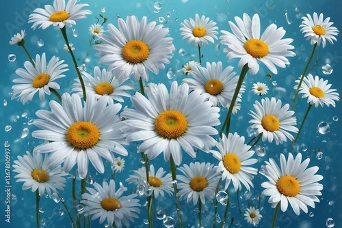 Obraz na płótnie Soft Blue Background Adorned with White Daisies and Hearts, Creating a Turquoise Aesthetic and a Calm Atmosphere w salonie
