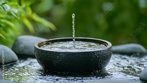 Tranquil water feature in a garden bowl