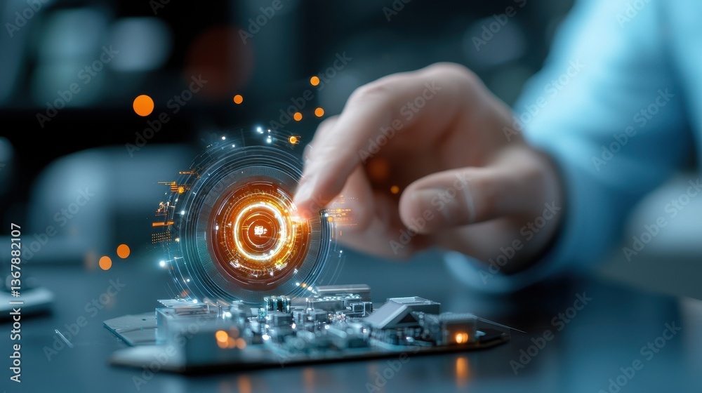 Obraz premium Futuristic digital circuit microchip with sparks and lights representing the concept of technology innovation and the advancement of computer science and engineering