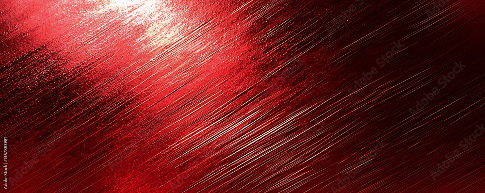 A vivid red metallic surface featuring a textured pattern with diagonal light reflections creating a dynamic and glossy abstract background with intense highlights