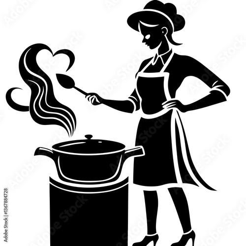 A silhouette of a woman chef cooking on a stove with steam rising from the pot