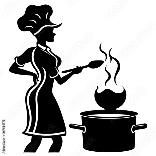 A silhouette of a woman chef cooking on a stove with steam rising from the pot