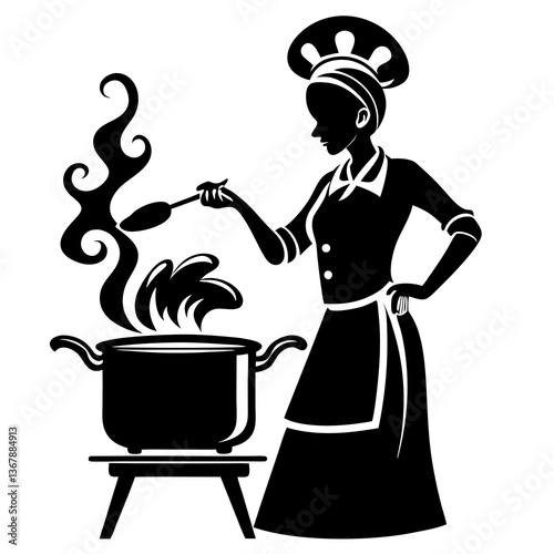A silhouette of a woman chef cooking on a stove with steam rising from the pot