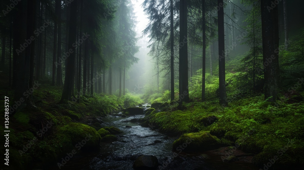 Fototapeta premium A narrow creek flows through a dense forest, enveloped in mist that creates a dreamy atmosphere. Lush greenery and moss-covered rocks add depth to the landscape