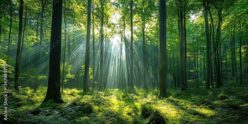 Fototapeta premium Lush forest with sunlight filtering through trees, creating a serene atmosphere.