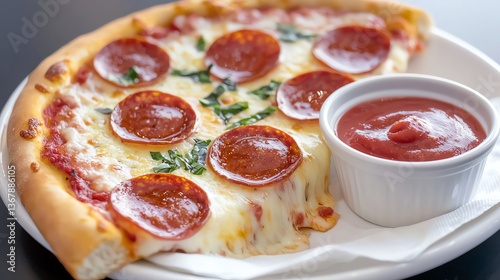 pepperoni pizza slice with dipping sauce cup, realistic oil on canvas effect, set on white fabric napkin, bold and flavorful mood