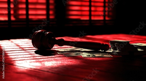 Gavel and money on red surface