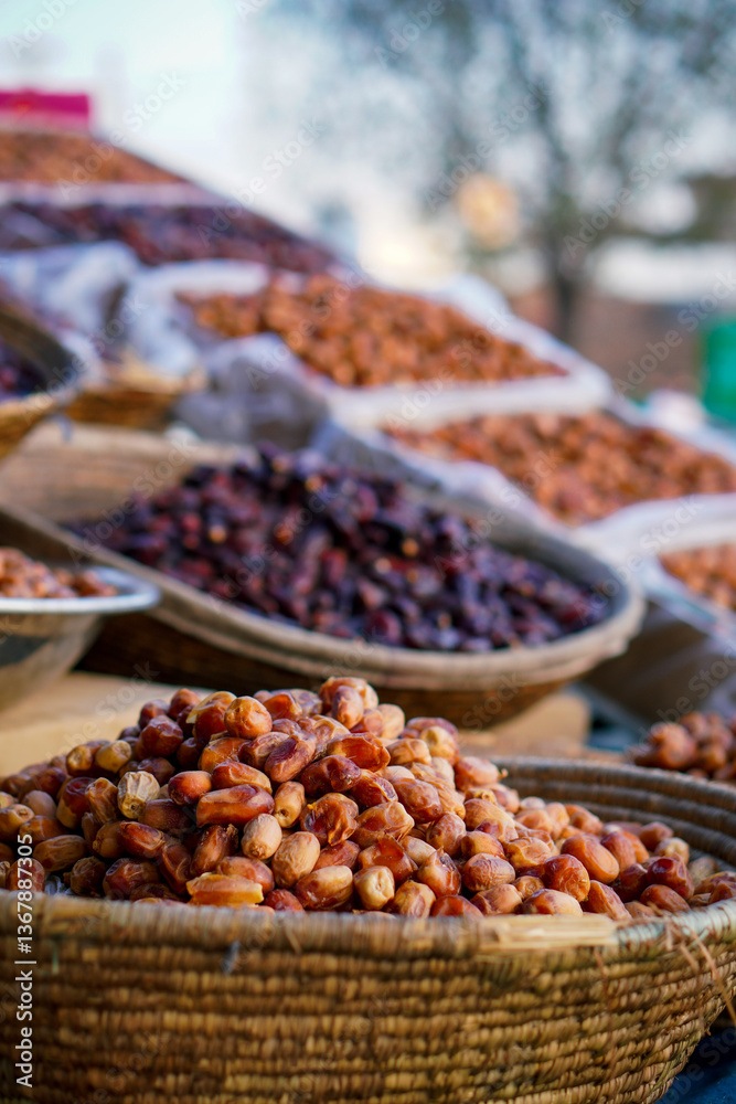Fototapeta premium A close-up of fresh and dried dates displayed in woven baskets at a market.