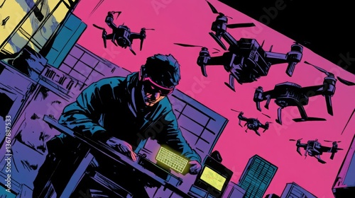 A futuristic cyberpunk comic strip where a hacker in a neon-lit room deciphers a secret code while being pursued by high-tech police drones