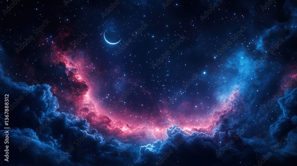Obraz premium Night sky, crescent moon, nebula clouds, starry background, cosmic backdrop