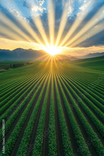 A sunrise breaking through golden clouds over rows of thriving crops, with light rays forming