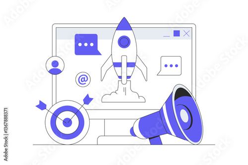 Successful marketing campaign, Social media marketing, business content strategy, Digital marketing online connection concept. Flat Cartoon Vector Illustration, icon. Stylish abstract design web