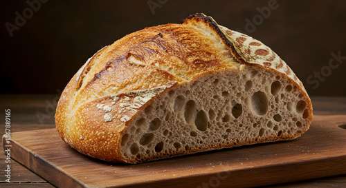 Golden crust rustic sourdough bread sliced on wooden surface showing detailed crumb texture, freshly baked wholesome artisan loaf, natural bakery bread close-up

 photo