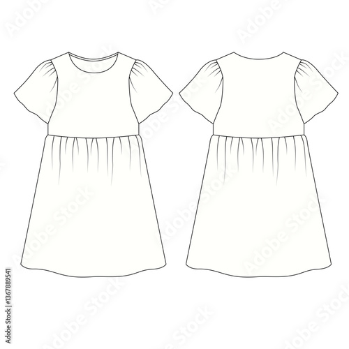 Vector technical drawing of short sleeve dress for girls, vector. Sketch of dress for children front and back view. Basic dress pattern for girls, vector.