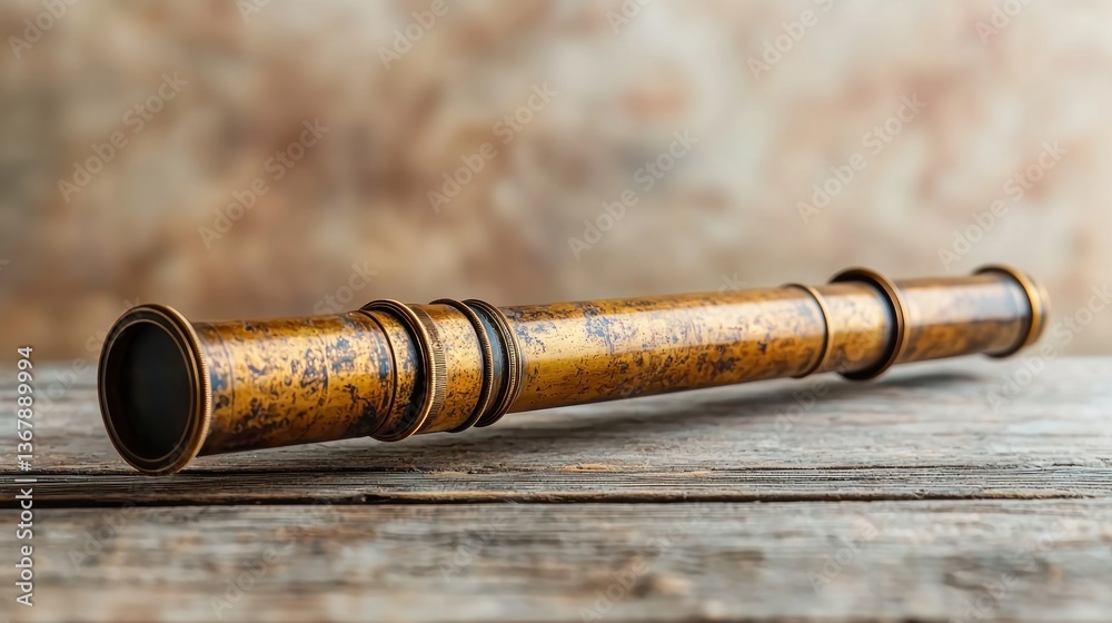 Obraz premium Antique brass telescope on wooden surface