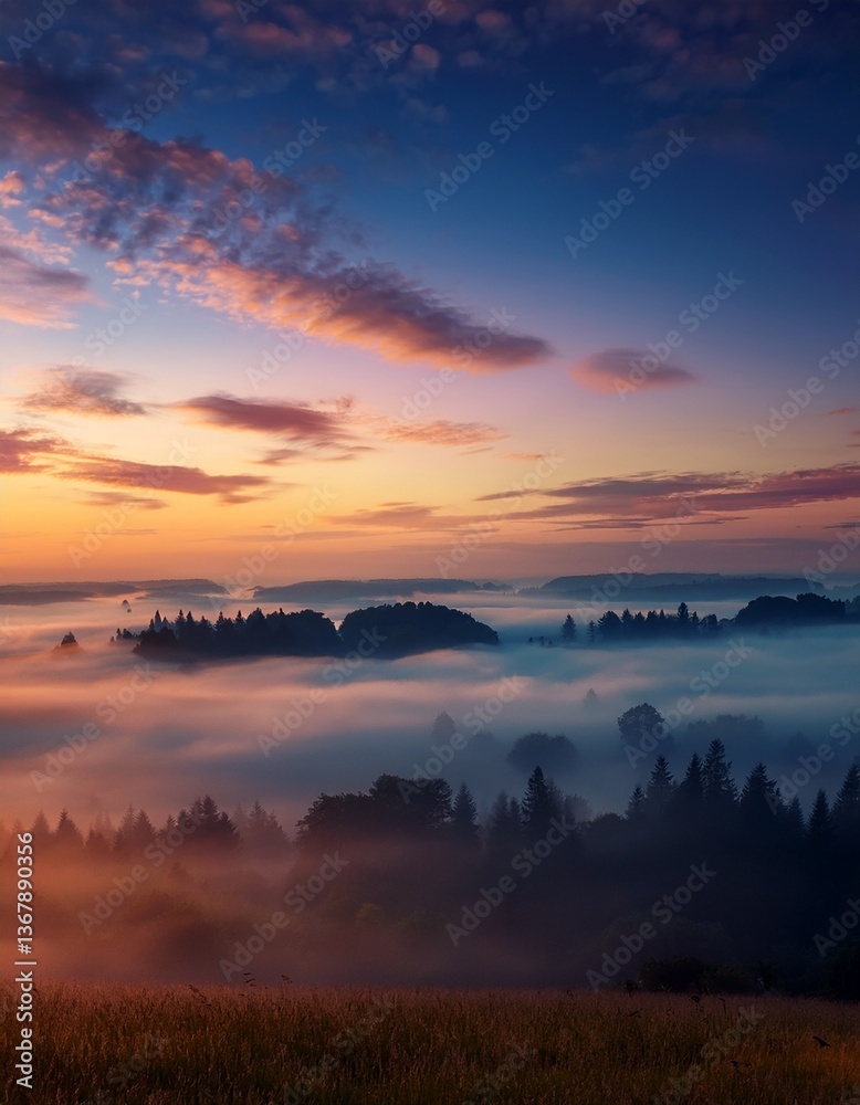 Fototapeta premium 夜明けに霧がかかり、幻想的な雰囲気を演出する空