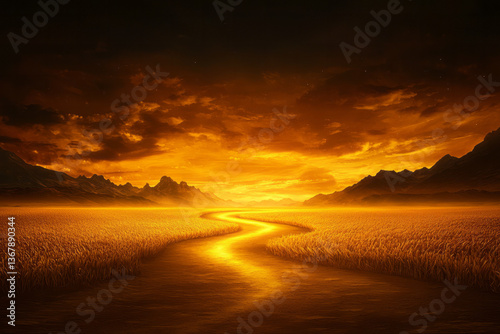 A golden pathway winding through vineyards, orchards, and grain fields under a glowing sky,