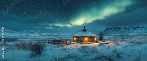 Winter Wonderland yurt under aurora