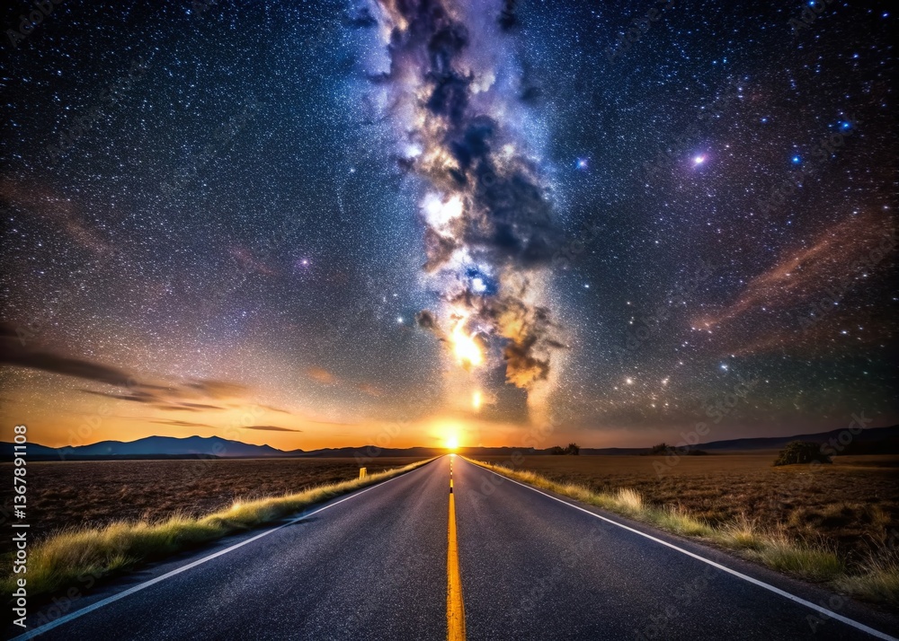 Naklejka premium Night Asphalt Road, Starry Sky, High Quality Stock Photo
