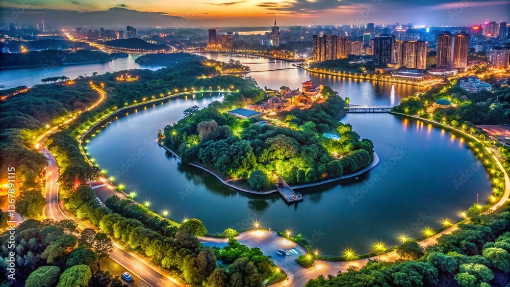 Fototapeta premium Night Aerial View of Qiandeng Lake Park, Foshan, Guangdong, China - Illuminated Landscape