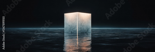 A minimalist composition of a glowing white cube floating over a dark AI grid, symbolizing clarity