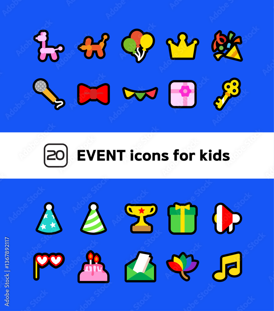 Fototapeta premium Black line icon CUTE Event icon set for kids 